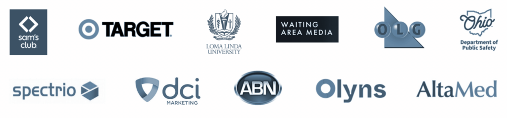 logos of top-tier Wovenmedia customers such as Sam's Club, Target, Loma Linda University, Waiting Area Media, OLG, Ohio Department of Public Safety, Spectrio, DCI Marketing, ABN, Olyns, Altamed