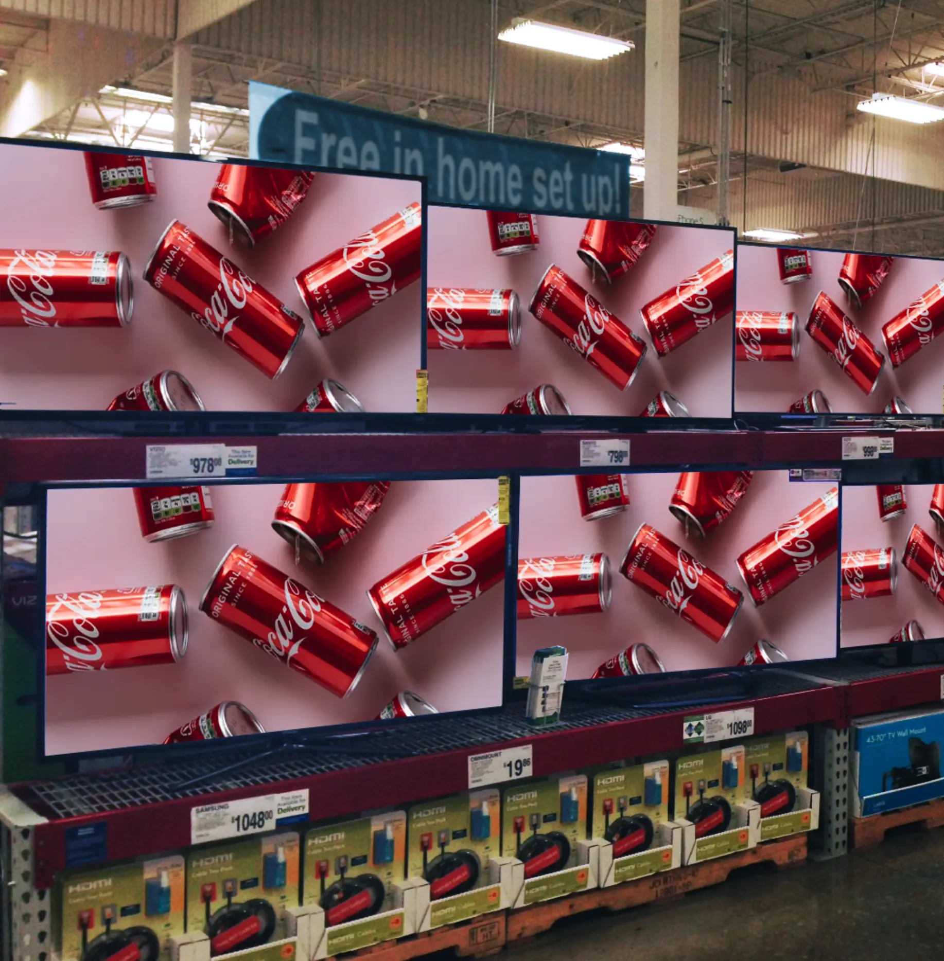 TV Wall at a retail store showing advertising