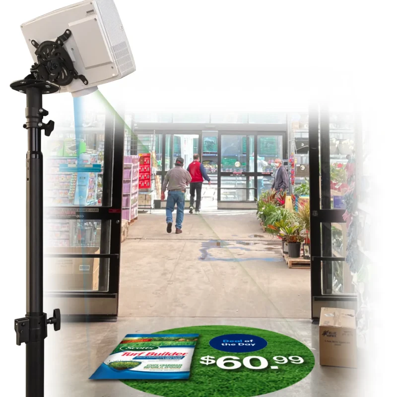 mobile projector unit for in-store retail rmn displaying product offering on the floor